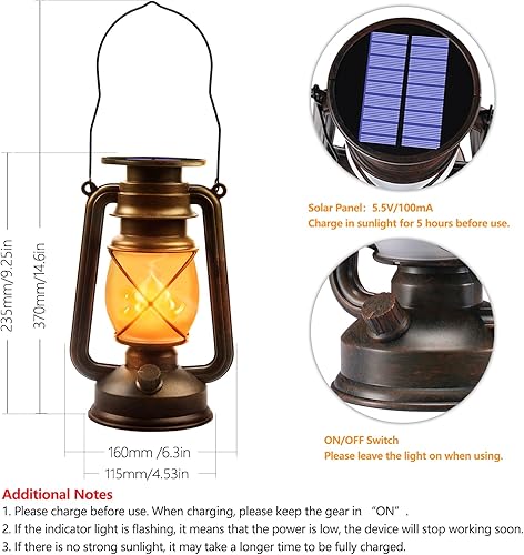 Miniatura 3 de Faroles solares impermeables para exteriores, paquete de 2 linternas vintage de bronce con llama bailarina luces colgantes LED, lámparas para
