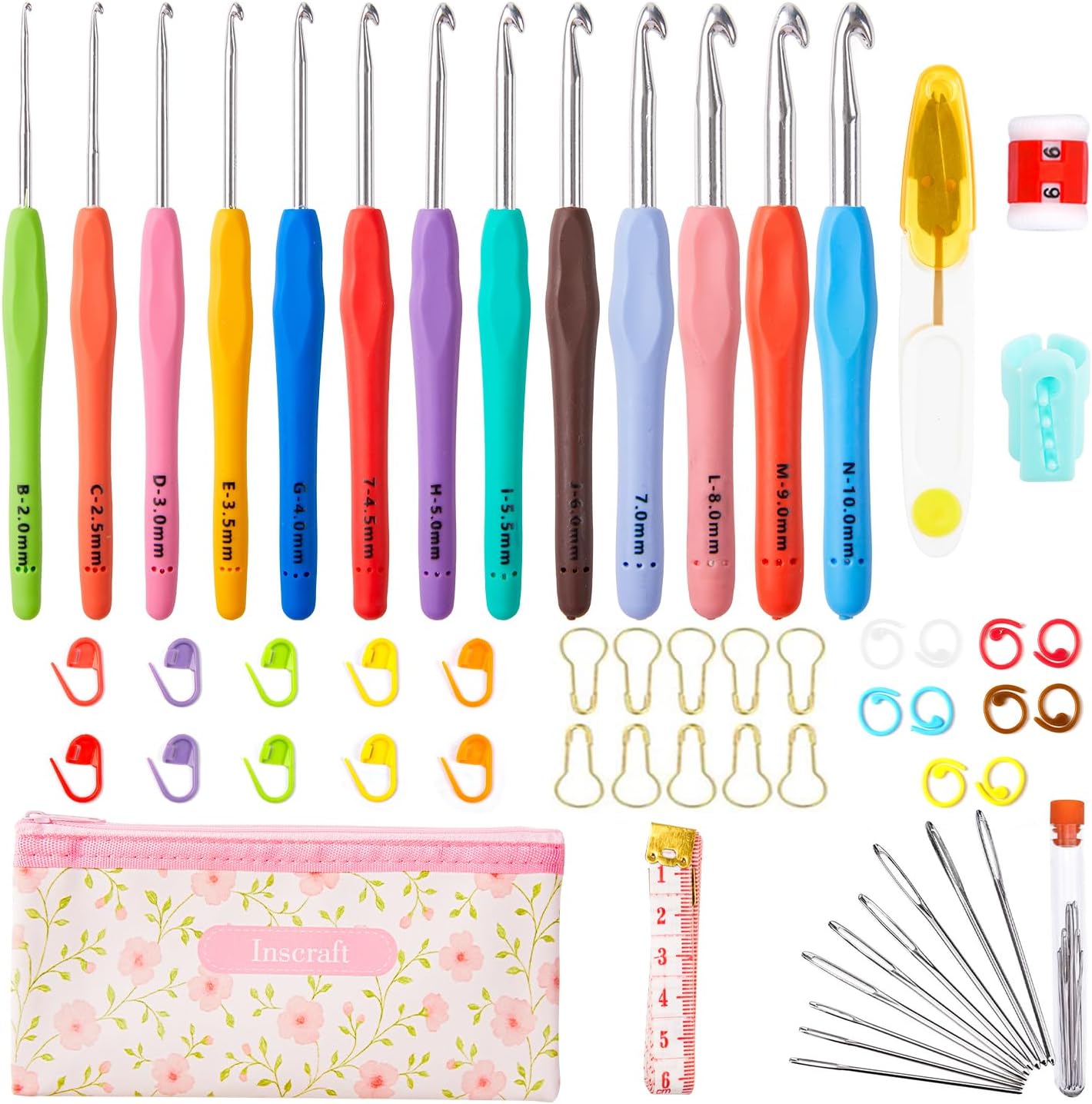 INSCRAFT 67 Pack Crochet Hooks Set, 13 PCS 2mm(B)-10mm(N) Ergonomic Soft Grip Crochet Handles Yarn Knitting Needles Kit with Case for Arthritic Hand, Crochet Starter Kit for Beginners and Lovers