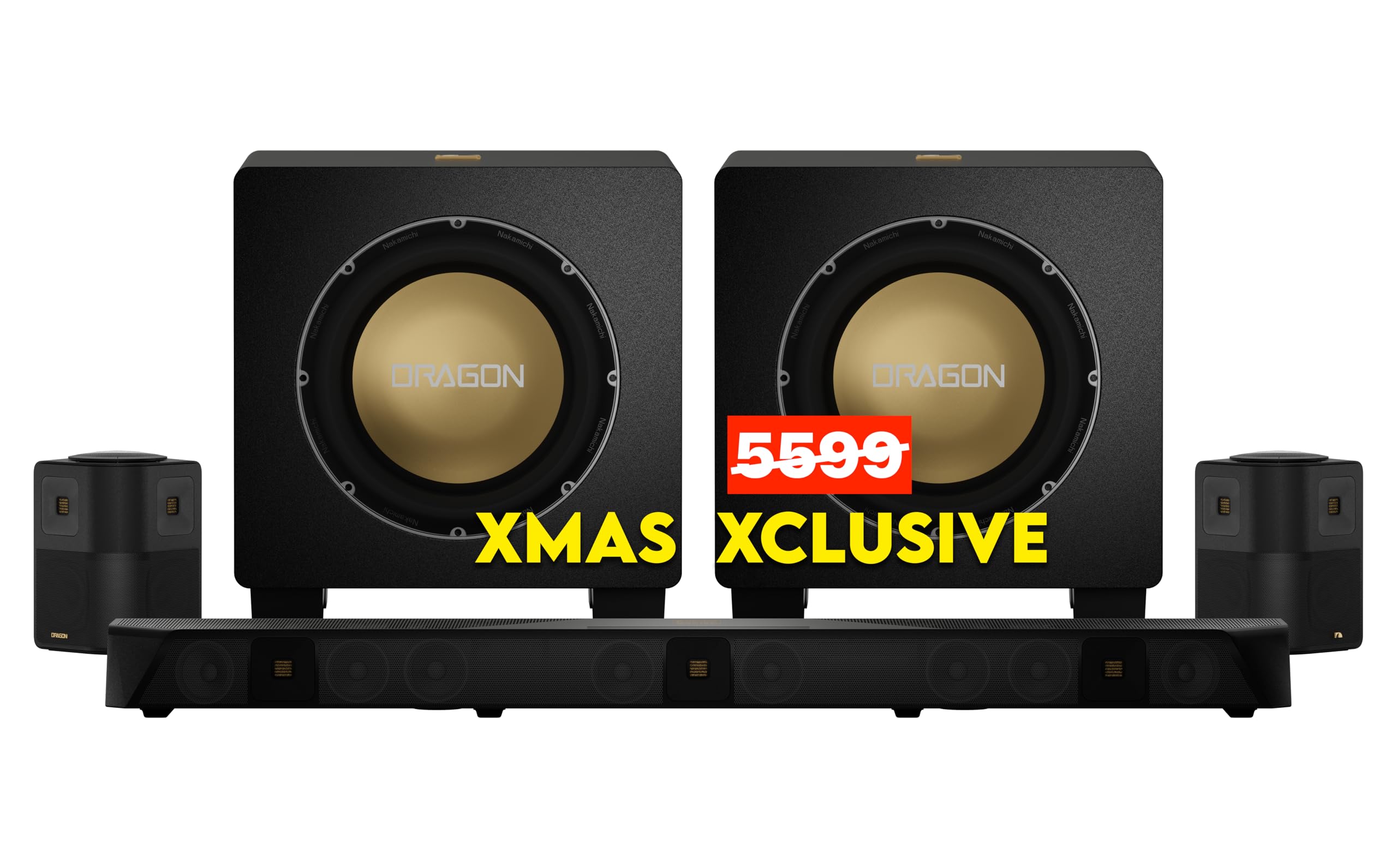 Nakamichi Dragon Home Surround Sound System with Dual 12" Subwoofers, Dolby Atmos and DTS:X Pro. Soundbar Meets AV Receiver