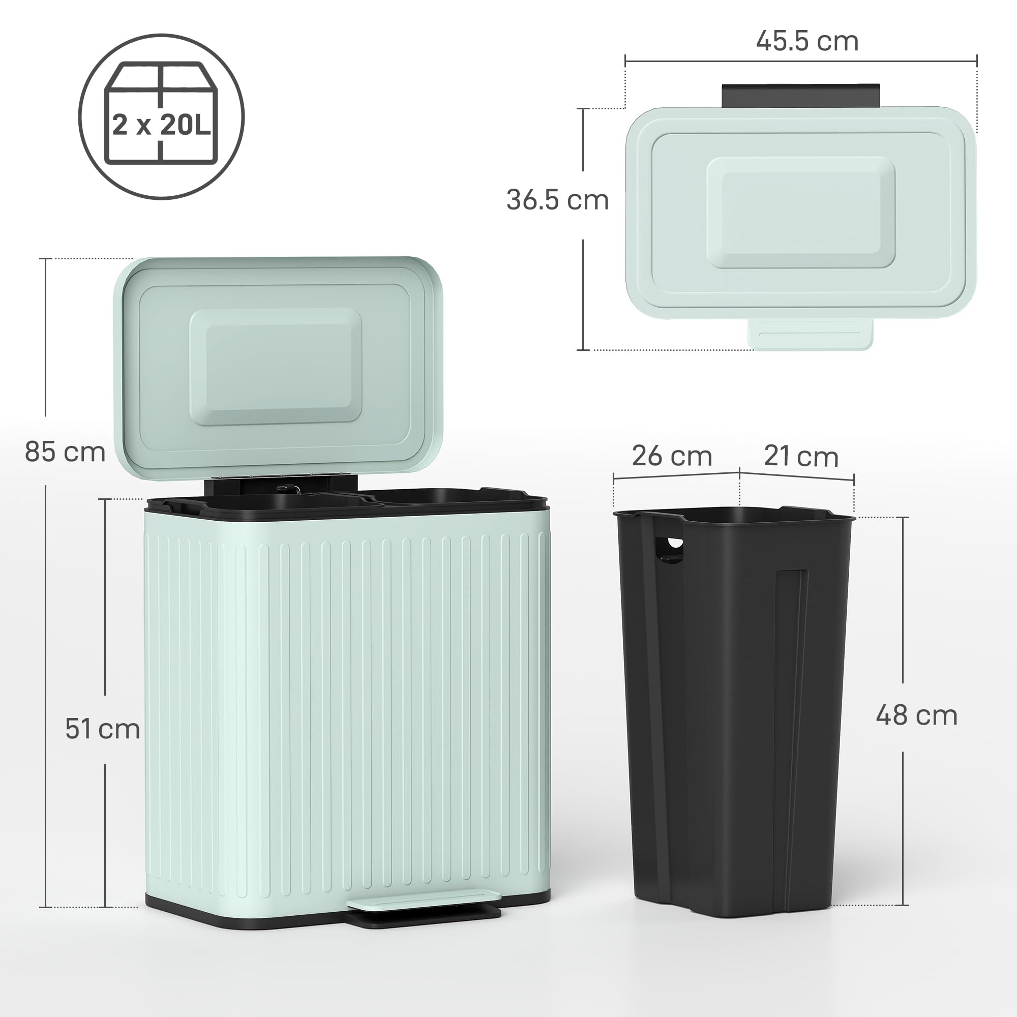 HOMCOM Cubo cocina doble 2x20L, antihuellas, tapa cierre suave, verde | Cubo doble para reciclaje y residuos, cubos interiores extraíbles, bolsas de basura