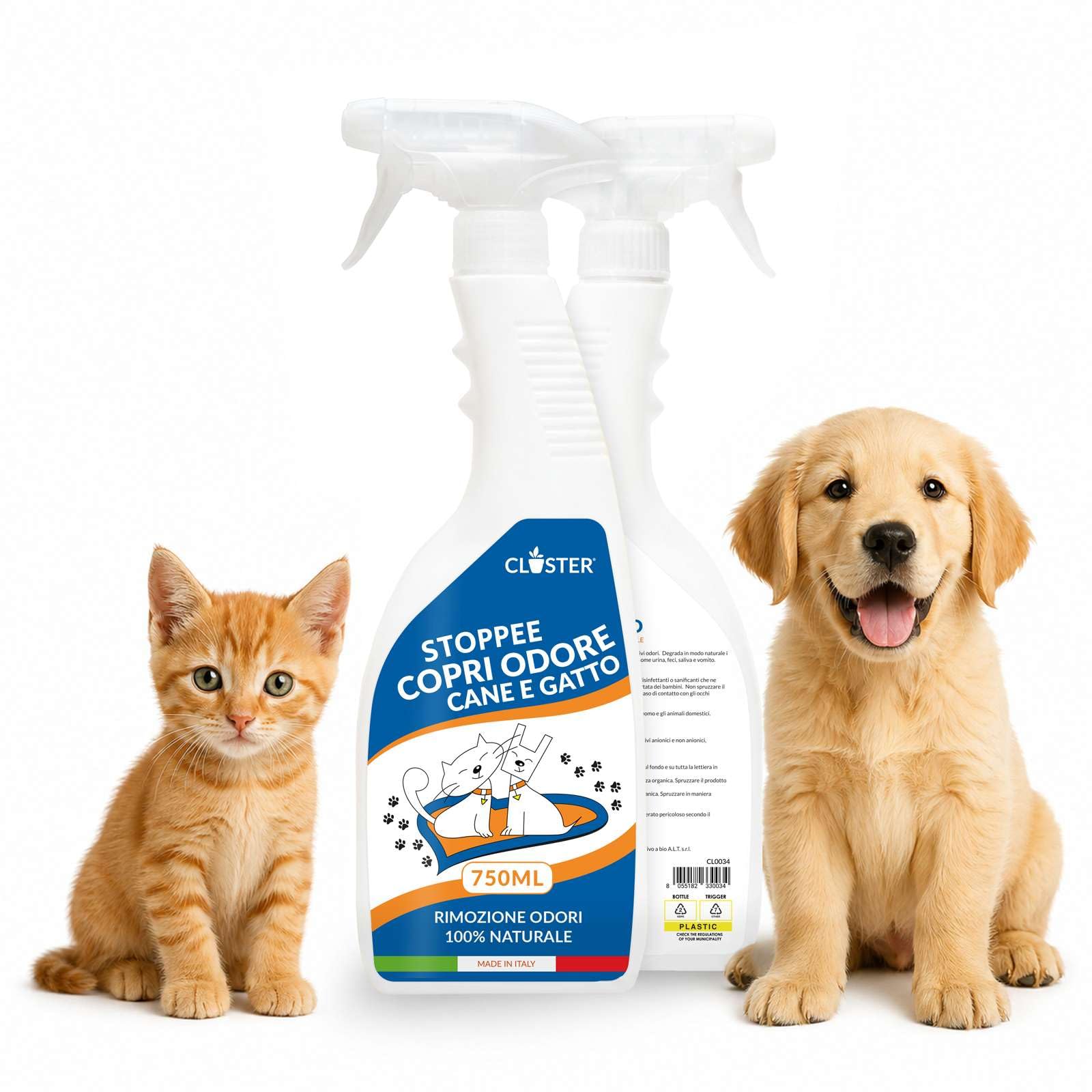 CLOSTER STOPPEE Elimina Odori e Pulisce Urina Feci Cani Gatti (750 ml) | Rimuovi Odori Igienizzante Spray per Pulizia Lettiera, Divani, Sedile Auto - Antiodore Enzimatico al Profumo di Mela Verde