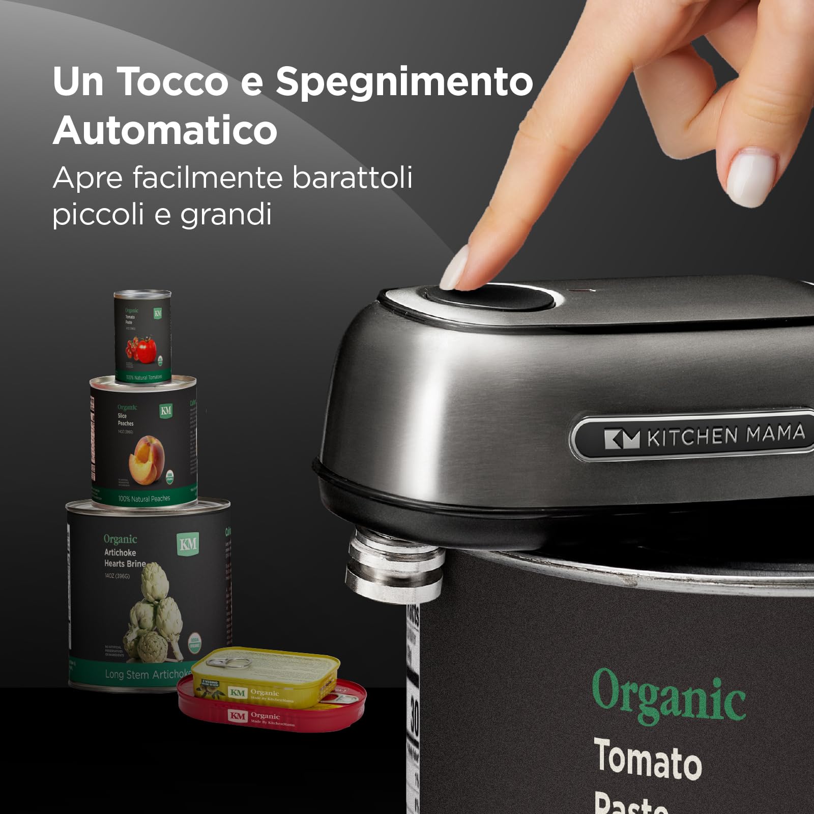 Apriscatole ricaricabile Orbit One di Kitchen Mama: Funzionamento a mani libere, ricarica di tipo C, spegnimento automatico, bordo liscio (acciaio inossidabile)