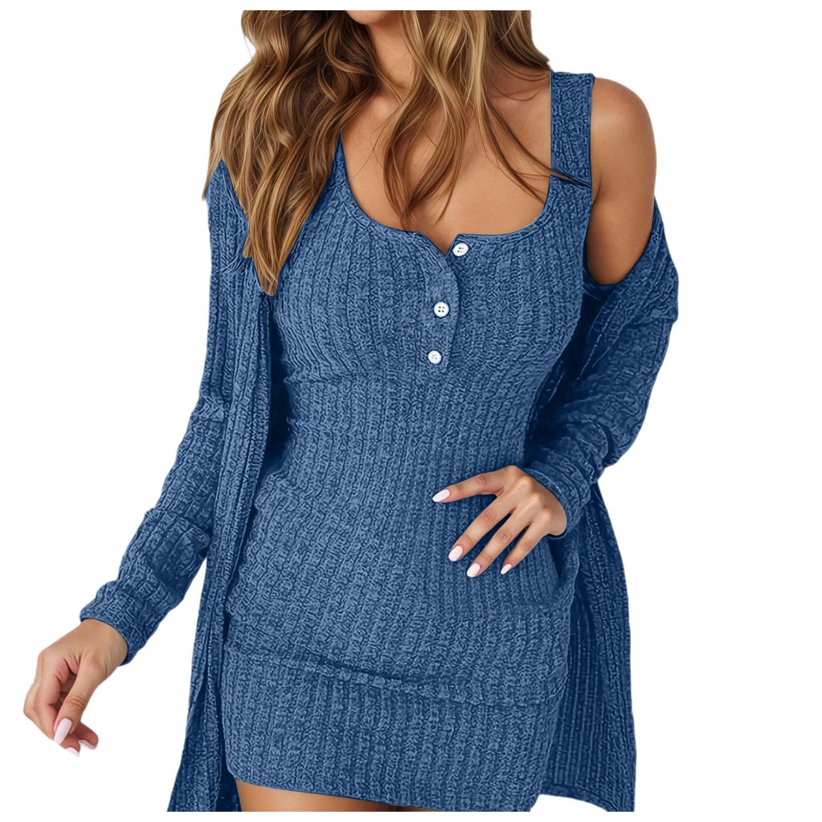 Abito senza maniche e cardigan in due pezzi, tunica in maglia a coste morbida, canotta, abito lungo con cappotto aperto sul davanti, outfit casual