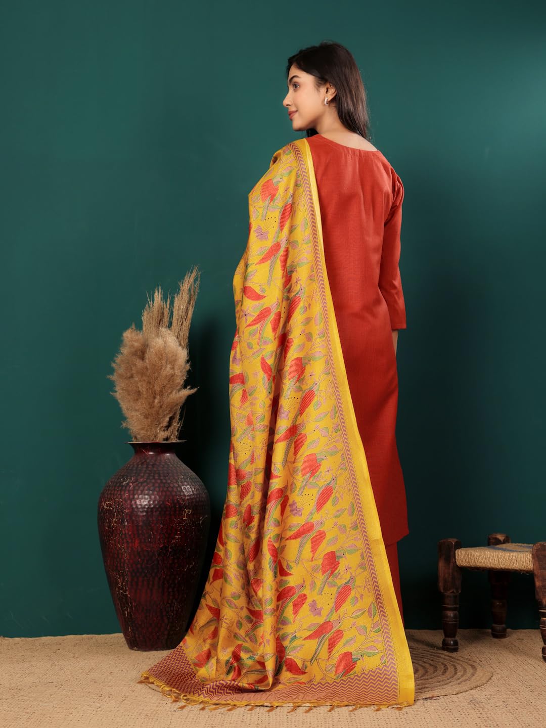 Varanga Womens V-Neck Straight Kurta Set With Pants & Dupatta  Chic Ethnic Wear For Weddings, Festivals & Special Occasions (Sjs_Vskd32943_Vardup2210-L)