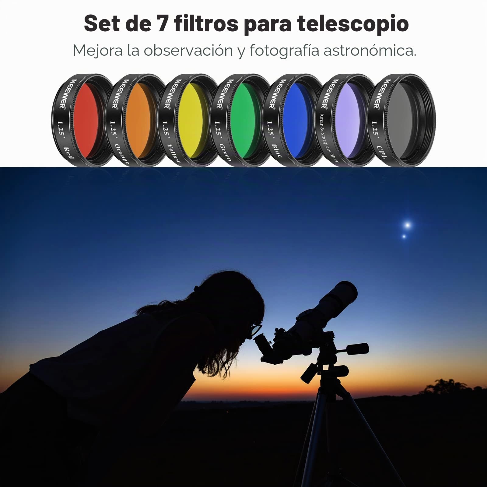 NEEWER Juego de 7 Filtros de Telescopio de 1,25", Que Incluye 5 Filtros de Color (Rojo/Naranja/Amarillo/Verde/Azul), Filtro Lunar Starglow, Filtro CPL para Observación Lunar y Astrofotografía