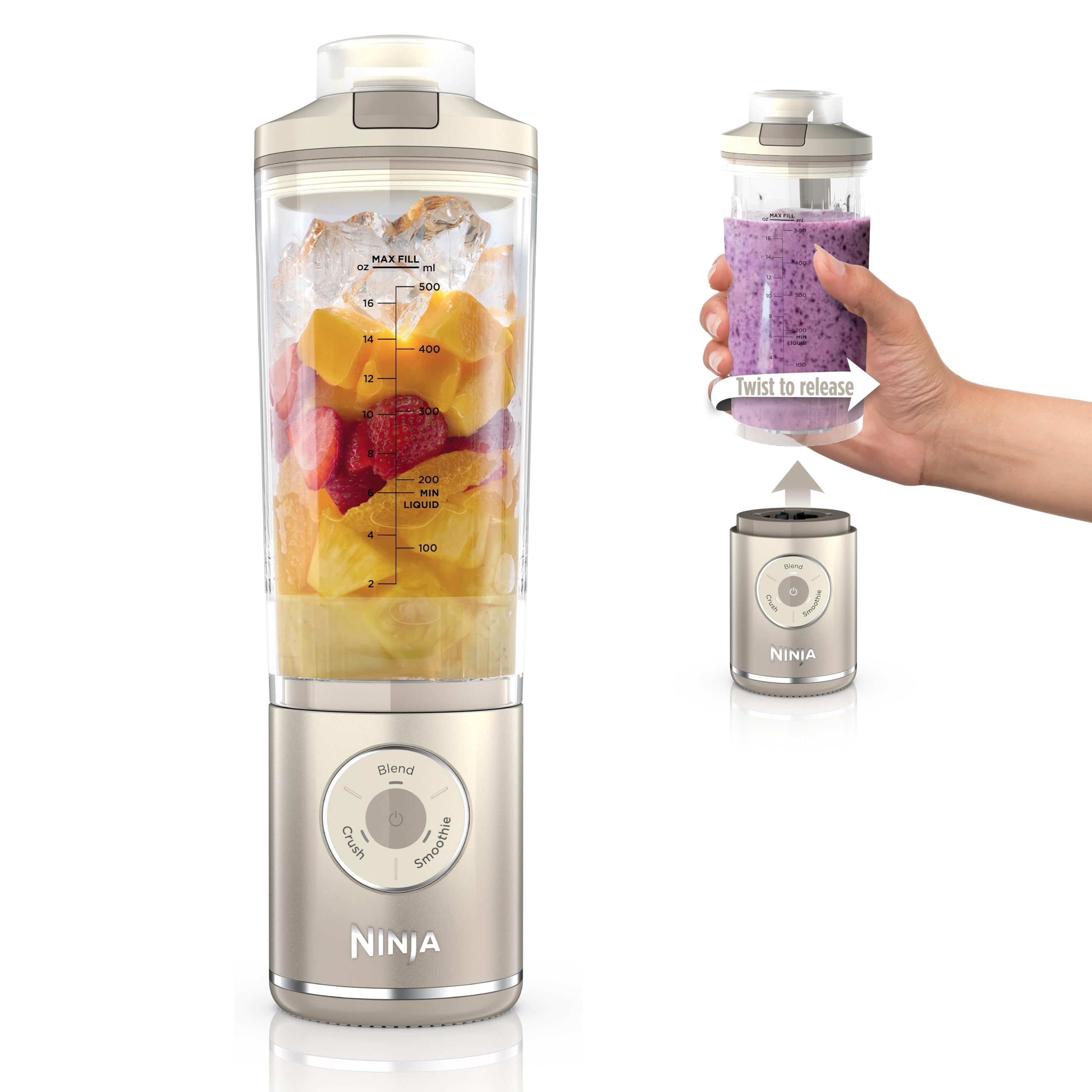 Ninja Blast Max, Portable Blender + Twist & Go, Personal Blender, Ninja Blender, Smoothie, Blend, Ice Crush, 3 Programs, Cordless, 22 oz removable Vessel, Dishwasher Safe, Leakproof, Cream, BC251IV