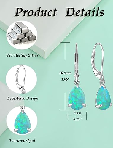 Miniatura 6 de Vesitim Opal Earrings for Women 925 Sterling Silver Teardrop Solitaire Dangle Drop Earring October Birthstone Jewelry Gift with Created Opal