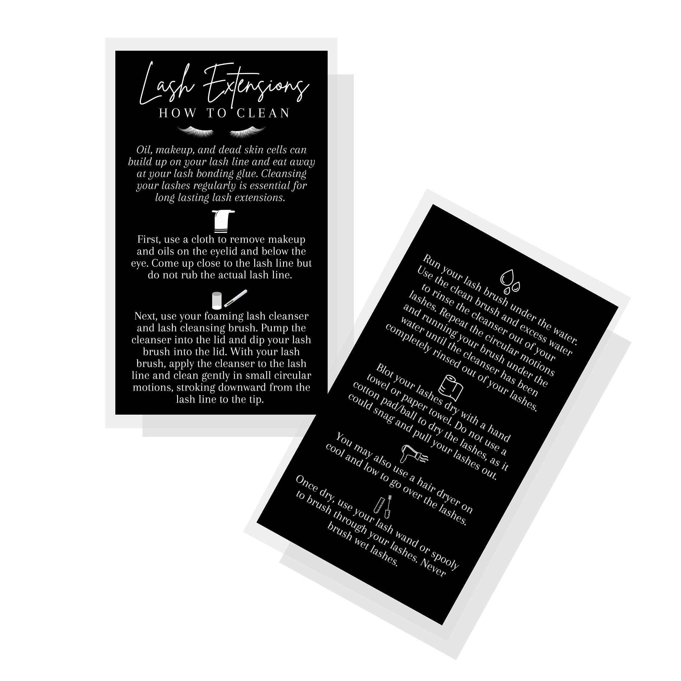 How to Clean Lash Extension Card | 50 Pack | Size 2x3.5 in inch Business Card | Lash Extension Supplies | Lash Aftercare Card | Black with White Design(LASH-B-B-470)