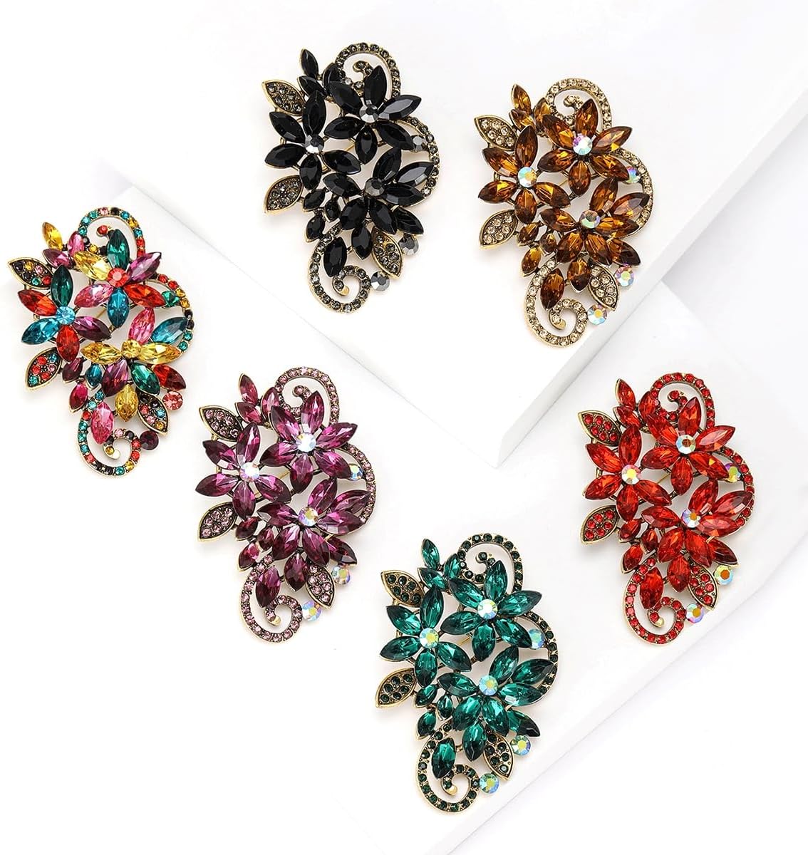 YOQUCOL Vintage Red Austrian Crystal Rhinestone Flower Shape Brooch Pin for Women - Image 6