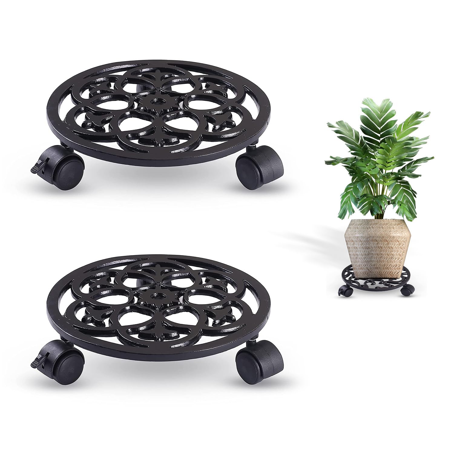 Sharpex Pack of 2 Metal Caddy Iron Dolly on Round Rack Rustproof Sturdy Potted Indoor Outdoor Plant Stand/Trolley With Locking Wheels for Balcony, Living Room, Home and Garden (Black) (B09PZZQ2QS) Amazon Price History, Amazon Price Tracker