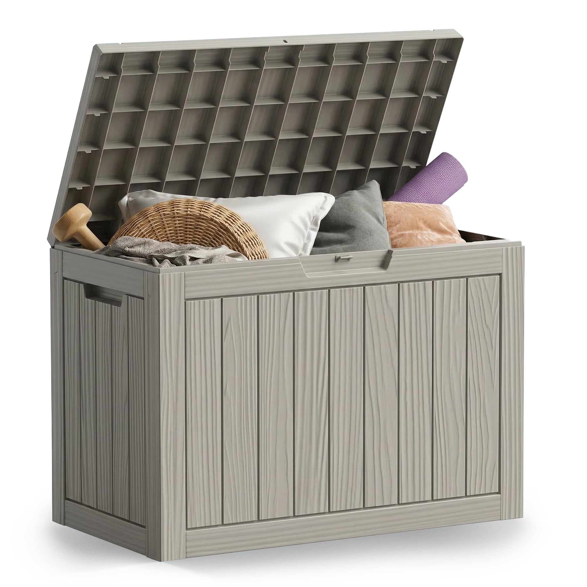 AKORD Coffre de Jardin Imperméable 170L, Boîte de Rangement Extérieur pour Balcon et Terrasse, Polypropylène Aspect Bois, 77,5 x 43 x 55,5 cm, Gris