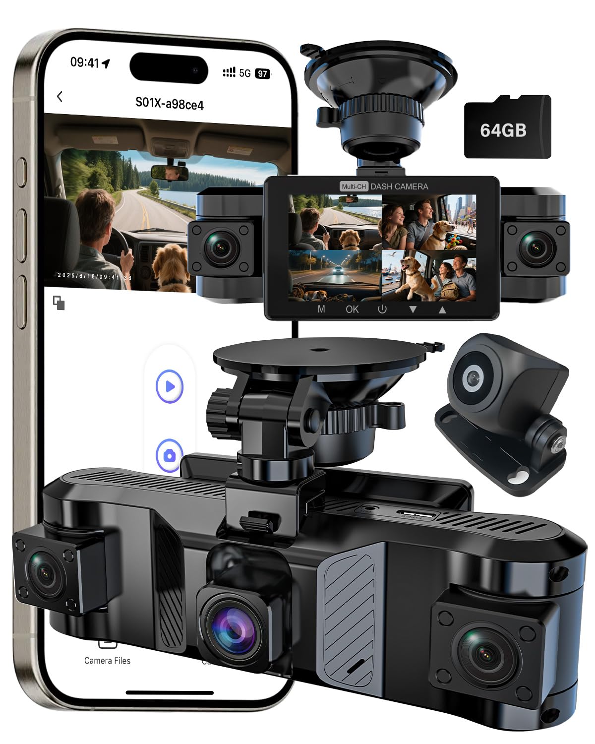 QXTAMO® 4 Channel Dash Cam Front and Rear Inside Left Right, 360 Degree View Dash Camera for Cars, 1080P Dashcam, 5G WiFi Car Camera with Night Vision, 24/7 Parking Monitor, G-Sensor, Free 64GB Card