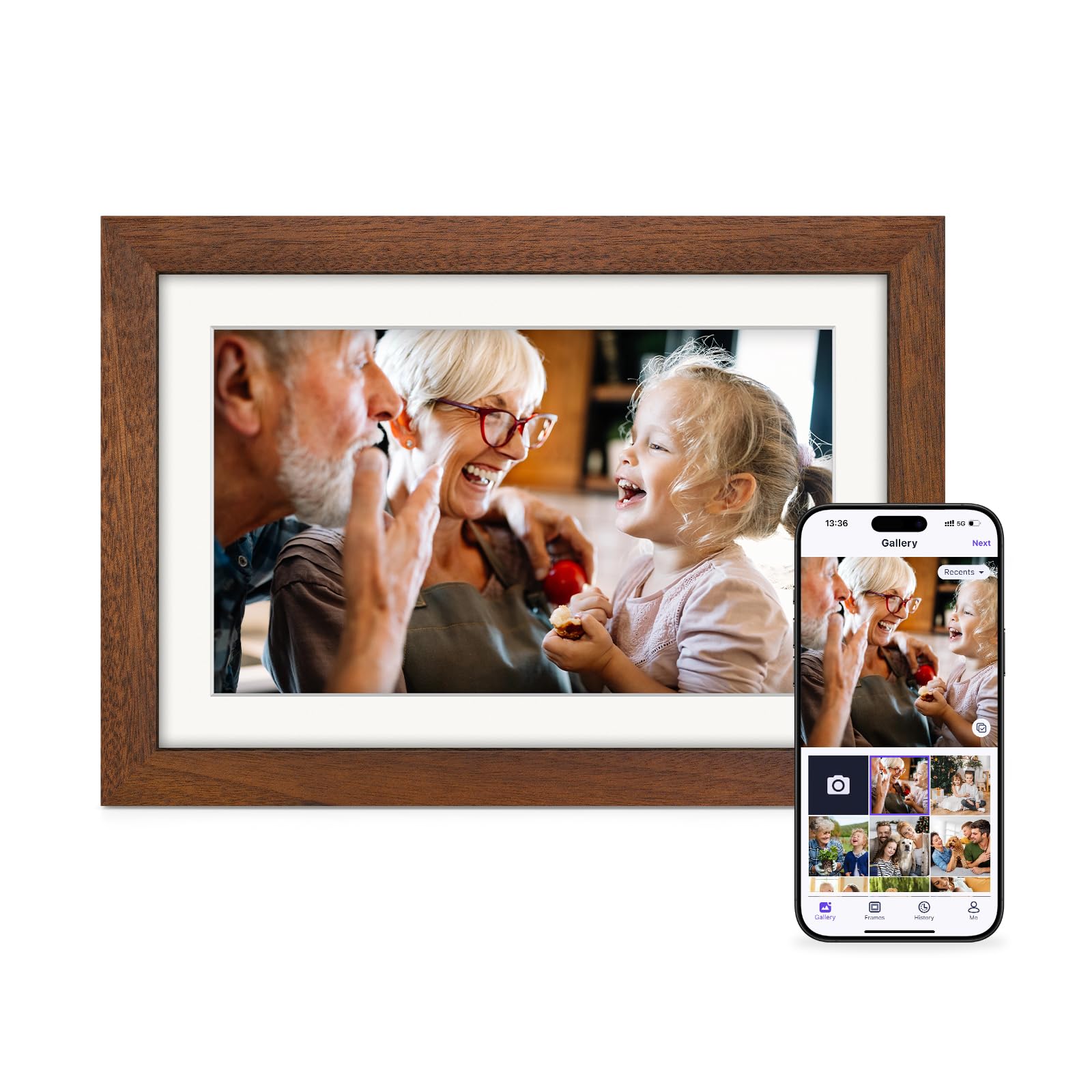 Eptusmey Cadre Photo Numérique WiFi Noyer Bois 10.1 Pouces Mémoire 32 Go, Écran Tactile HD IPS 1280 X 800, Partage De Photos Vidéos Via Uhale APP, Rotation Automatique, Cadeau Femmes Hommes