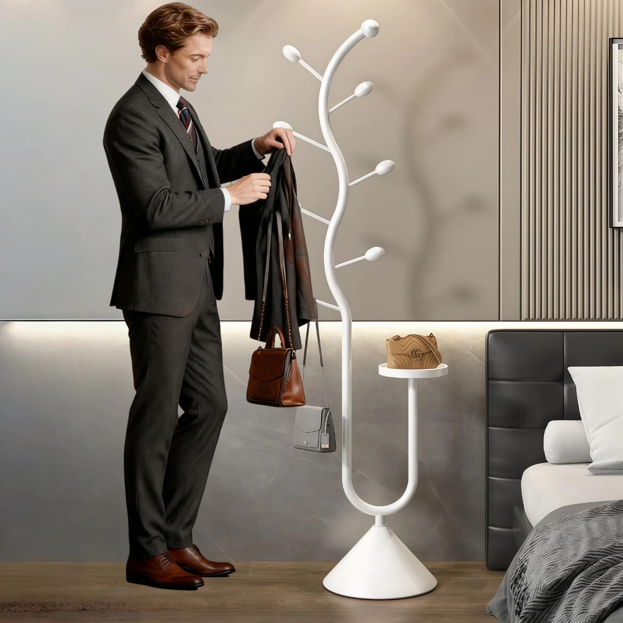 Freestanding metal coat rack, entrance hall tree-shaped coat rack, floor-standing bag rack with tray, suitable for home, entrance, corridor, 35 * 35 * 175 cm (White)