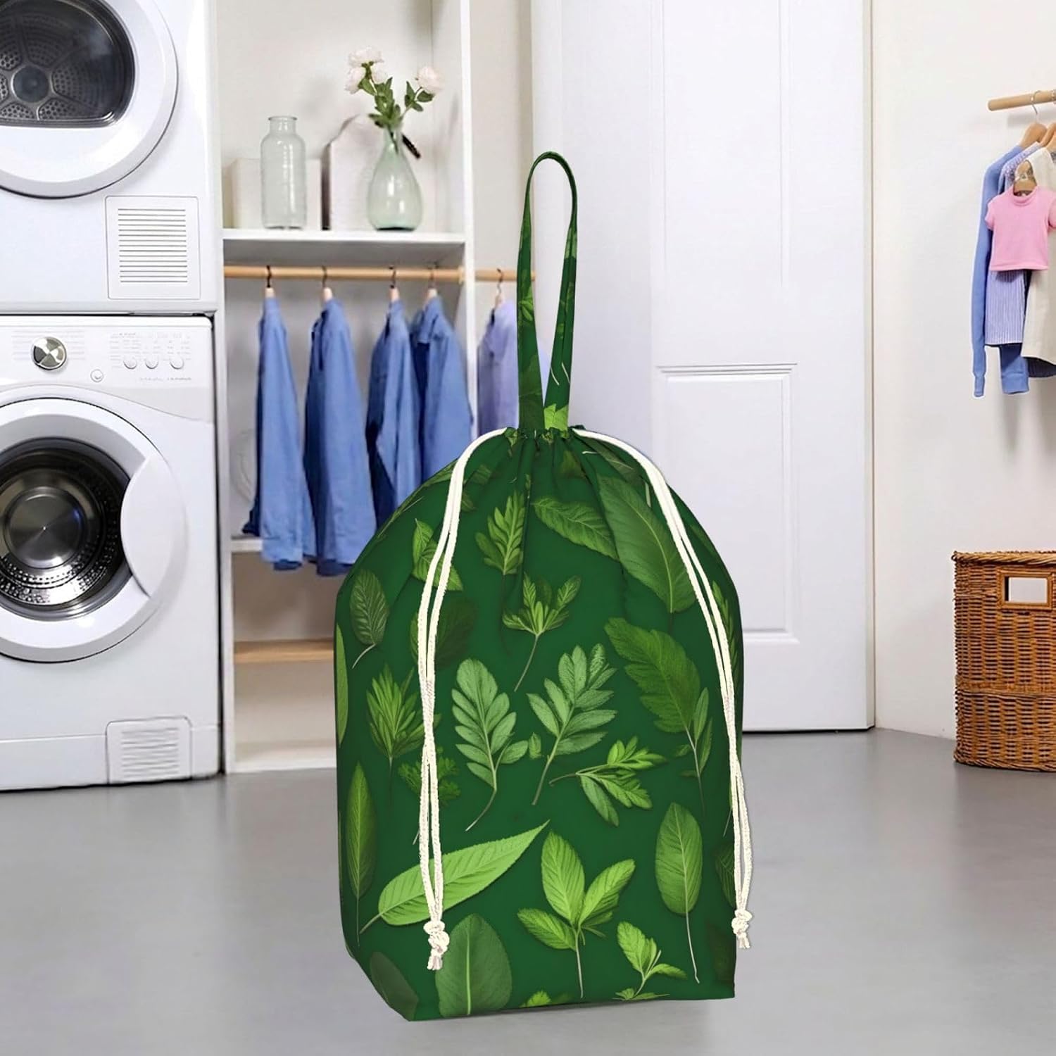 Oxford Herb Plant Leaves Print Large-capacity drawstring laundry bag with Handles for Dorm,Hotel