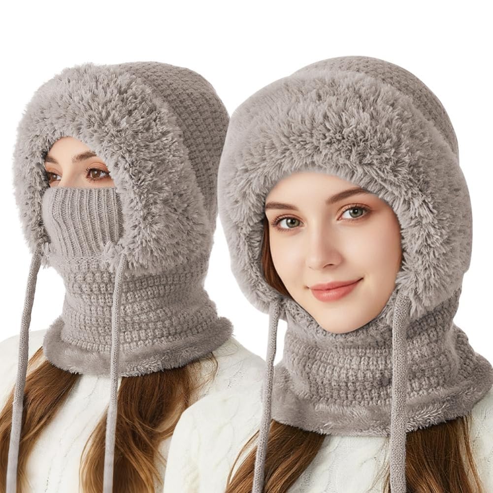 Generisch Gorro 3 en 1 con bufanda y máscara, gorro de punto para mujer, con forro polar, juego de máscaras de invierno