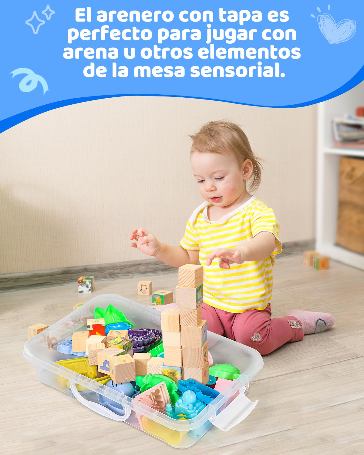 sikmcle Paquete de 2 bandejas de arena sensoriales con tapa y asa, contenedor de caja de arena sensorial portátil para niños, bandeja de actividades de plástico para niños pequeños, transparente