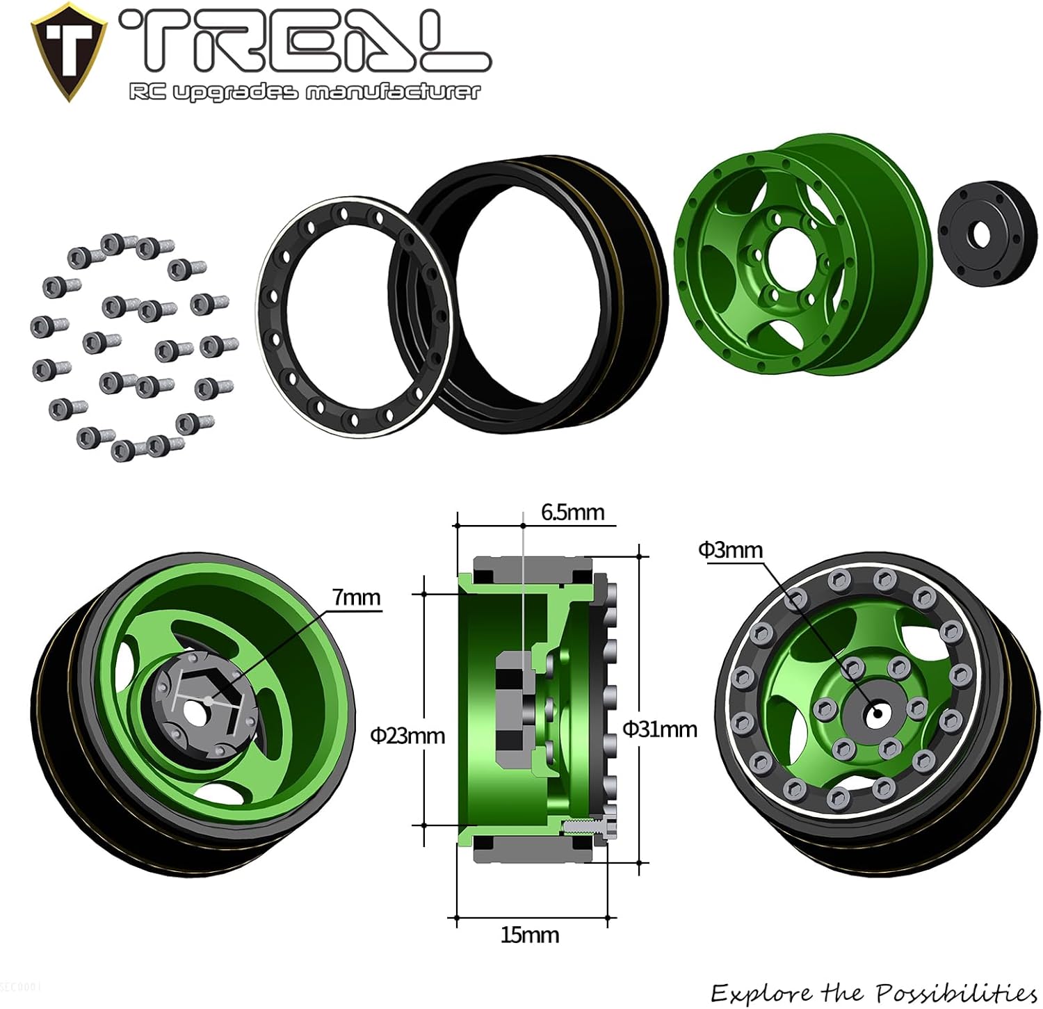 Treal 1.0 Beadlock SCX24 Wheels (4P) Classic 5-Star 1" Micro Bead lock Wheel for Axial 1/24 SCX24 Dodge Deadbolt C10 Gladiator Crawler 27.3g (Black-Black)