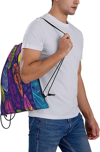 Colorful Feather Drawstring Bags for Women and Men, String Bag Gym Bag Gift For Yoga School Swimming Beach