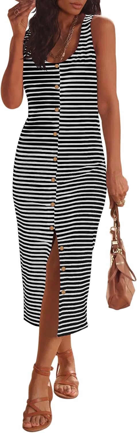 MEROKEETY Women's Sleeveless Striped T-Shirt Dress – Crew Neck, Tie Waist, Casual Mini Dress For Summer
