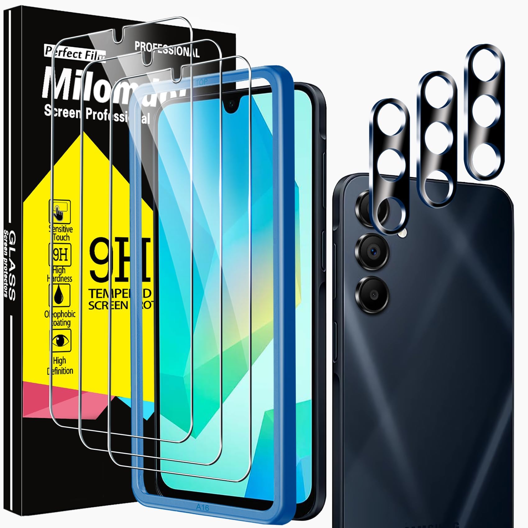 Milomdoi Pack of 3 Screen Protectors for Samsung Galaxy A16 5G/4G for Tempered Glass Accessories Tempered Glass Screen Protector with 3 Pieces Camera Protection, Full Screen Glass