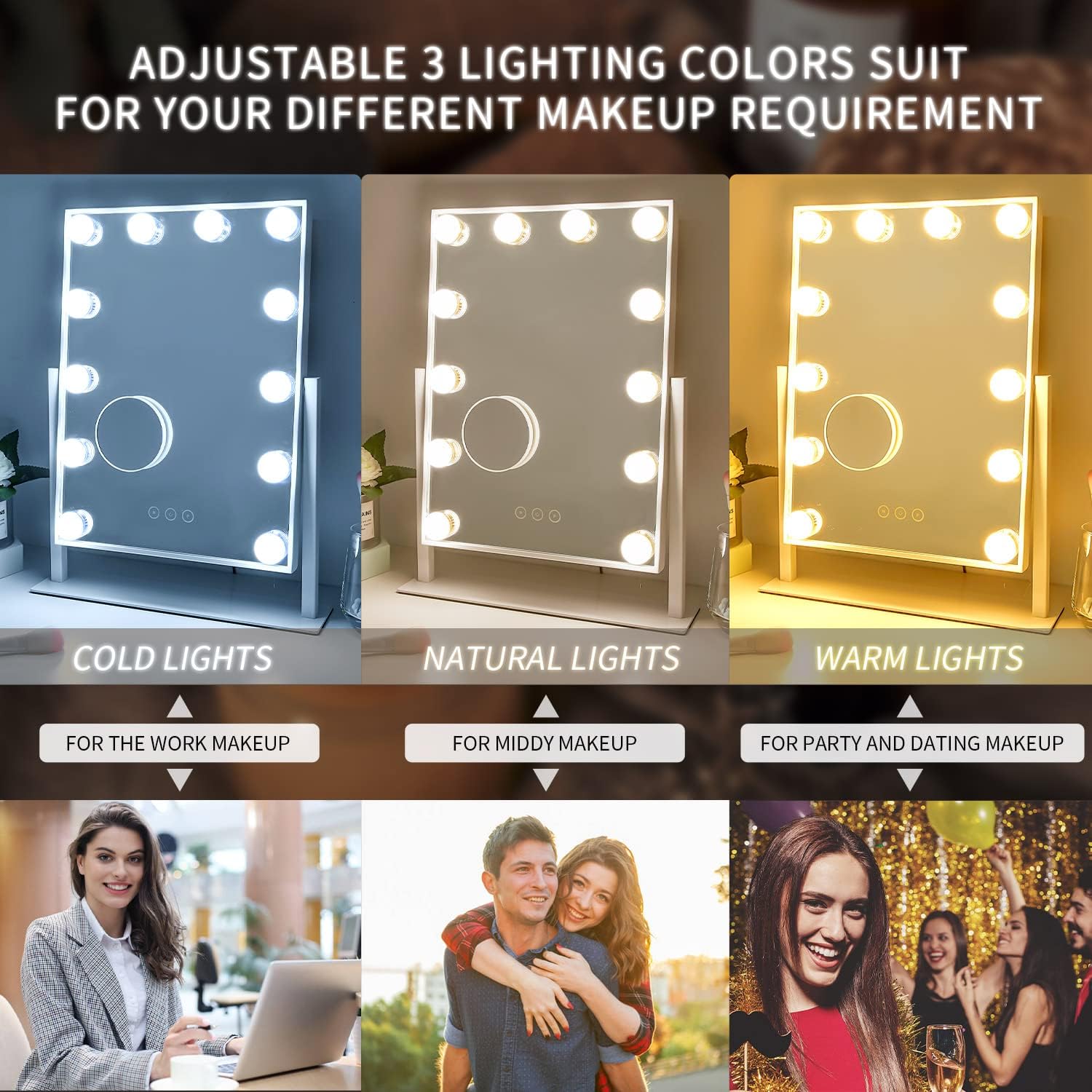 NUSVAN Vanity Mirror with Lights,Makeup Mirror with Lights,3 Color Lighting Modes Detachable 10X Magnification Mirror Touch Control,360°Rotation, White (14.6Inch)