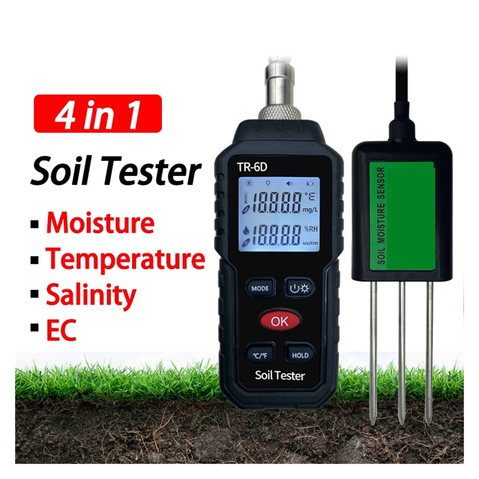 Tester gleby, 4w1 Cyfrowy Tester Gleby Detektor Miernik EC Wilgotności Solimetr Termometr