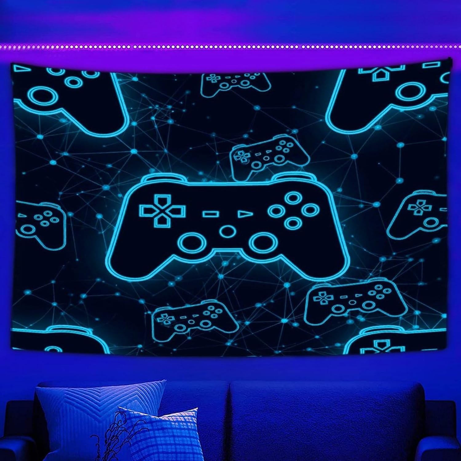 SVEFDOC Boho Gaming Controller Gamepad Video Game Wall Hanging 40x60 inch Blacklight Tapestry Posters, Abstract UV Reactive Blanket for Dorm Accessories, Window, Winter