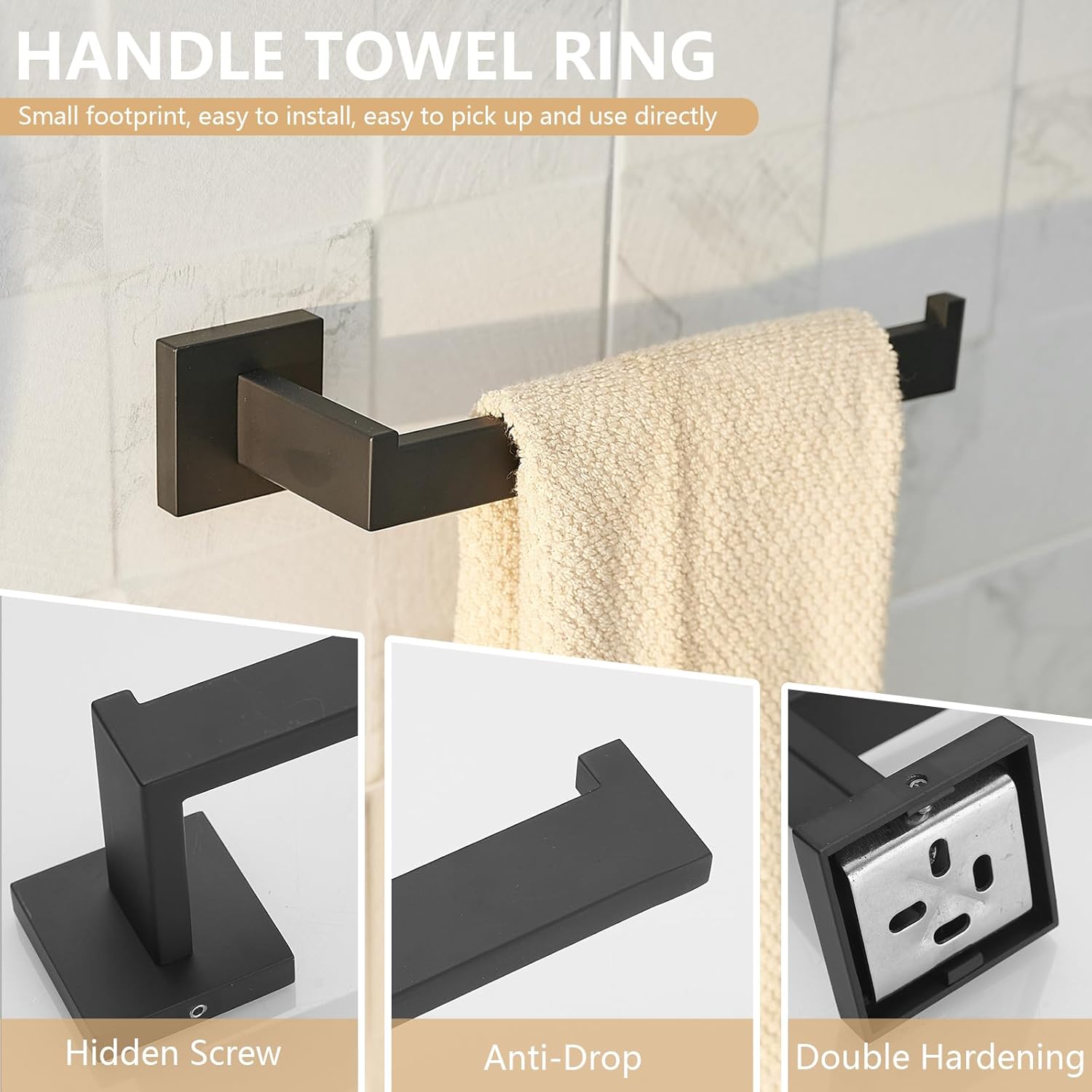 Matte Black Bathroom Accessories Set Hardware 5 Piece 22" Towel Bar Holder Sets Hand Towel Rack Holder and 2 Towel Hooks, Stainless Steel Wall Mounted