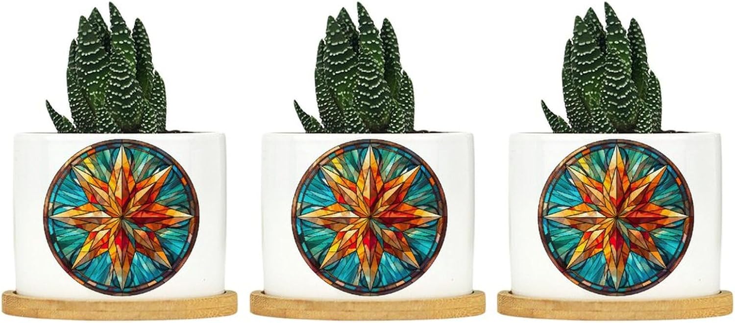 Set of 3 Flower Pots Star Stained Glass Ceramic Flower Pots for Indoor Plants with Removable Base Happy Holidays Flower Pots Outdoor for Plants Flowers, Style-28
