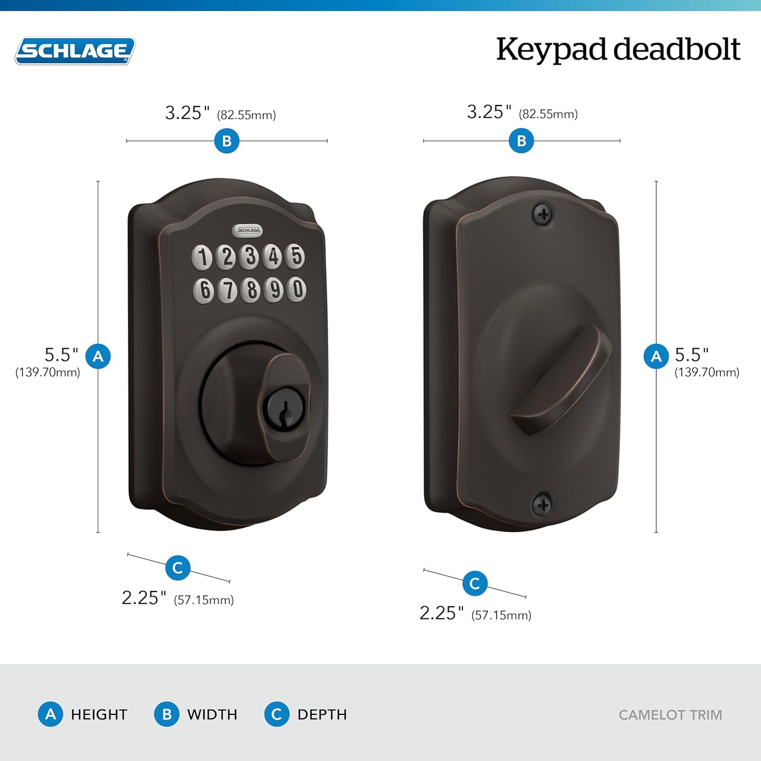 Schlage Camelot Electronic Keypad Deadbolt Lock, Keyless Front Door Entry, Mechanical Key Backup Included, Aged Bronze, BE365 V CAM 716