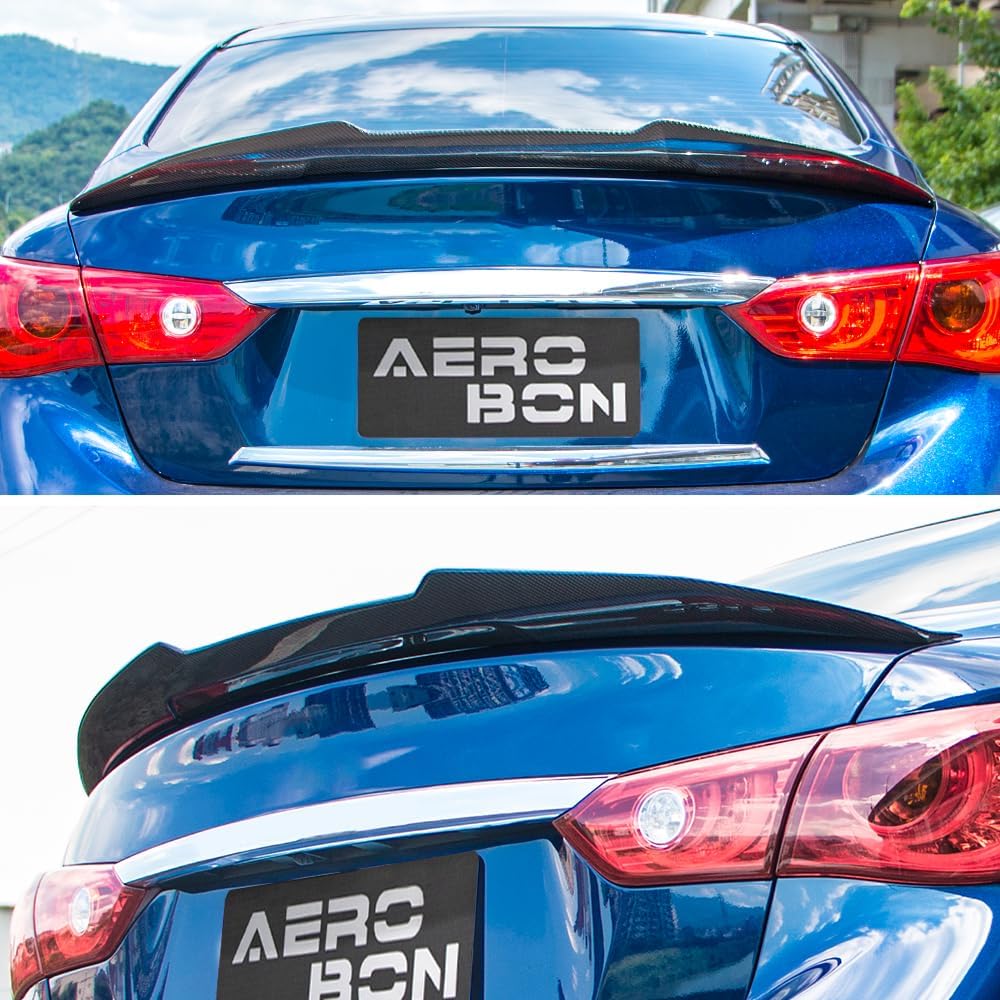 AeroBon Real Carbon Fiber Trunk Spoiler Compatible with 2014-2024 Infiniti Q50 Q50S Rear Spoiler (H Style) High Kick
