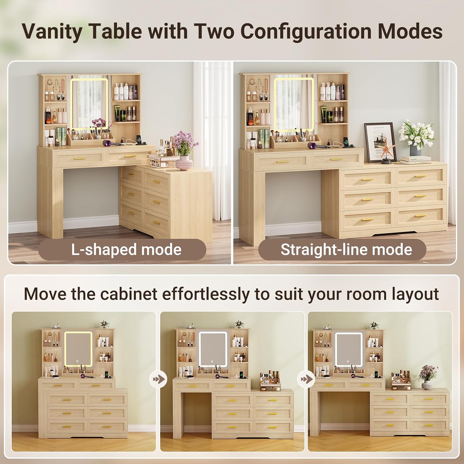 Vanity table in L-shaped and straight-line configurations