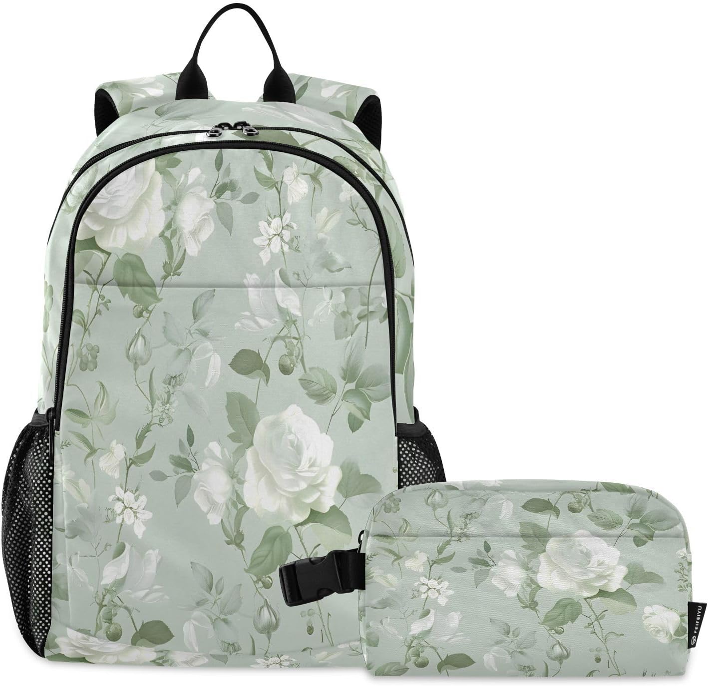 ALAZA Flowers Light Green Backpack for Girls School Bag Kids Backpack with Lunch Bag Set Daypack Travel Laptop Backpack