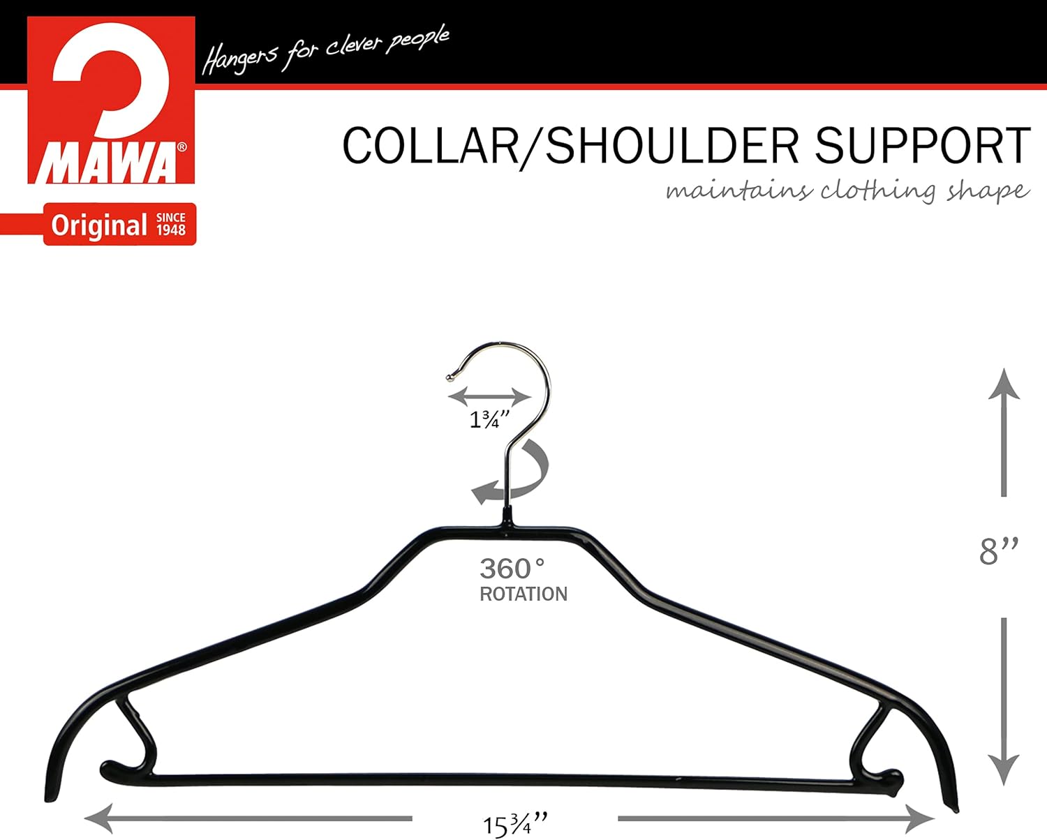 Mawa by Reston Lloyd Silhouette Series Non-Slip Space Saving Clothes Hanger with Bar & Hook for Pants and Skirts, Style 41/FRS, Set of 12, Black