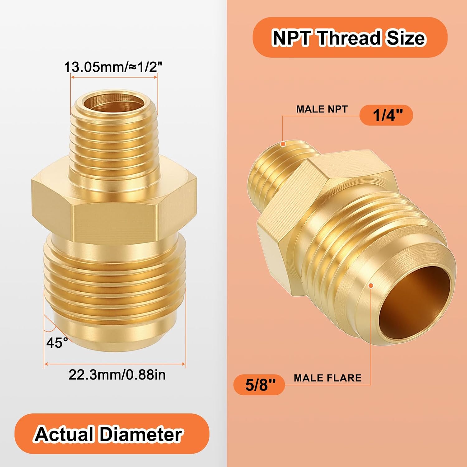 1 Pack Male to Male Adapters, 5/8" Male Flare x 1/4" MNPT Hex Nipple Pipe Extension Fitting for Industrial, Automotive, Fluid Transfer, Home Gardening, Water Treatment