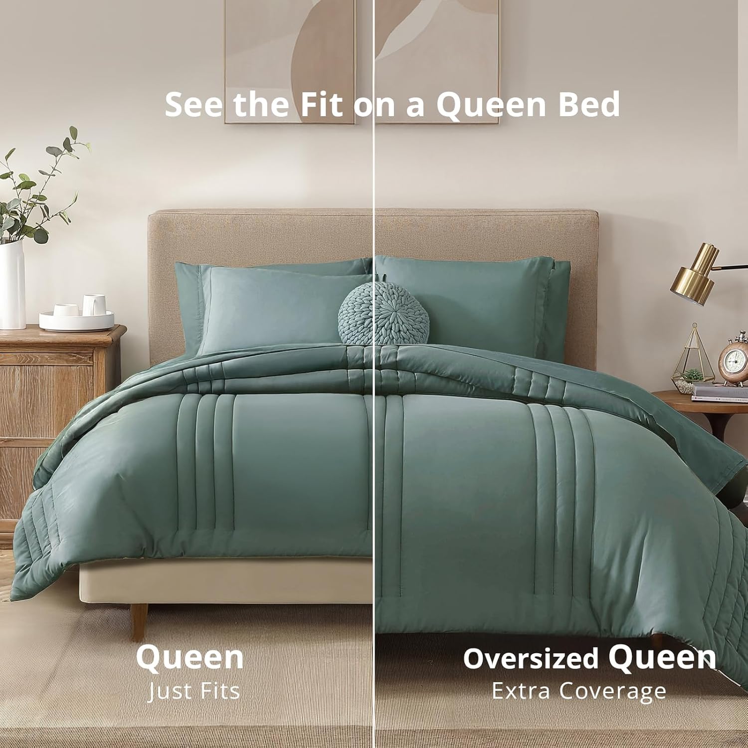 Monbix Queen Comforter Set - 7 Pieces Sage Green Bed in a Bag Queen Bedding Sets with Comforters, All Seasons Comforter Bed Set with Sheets,Pillowcases & Shams