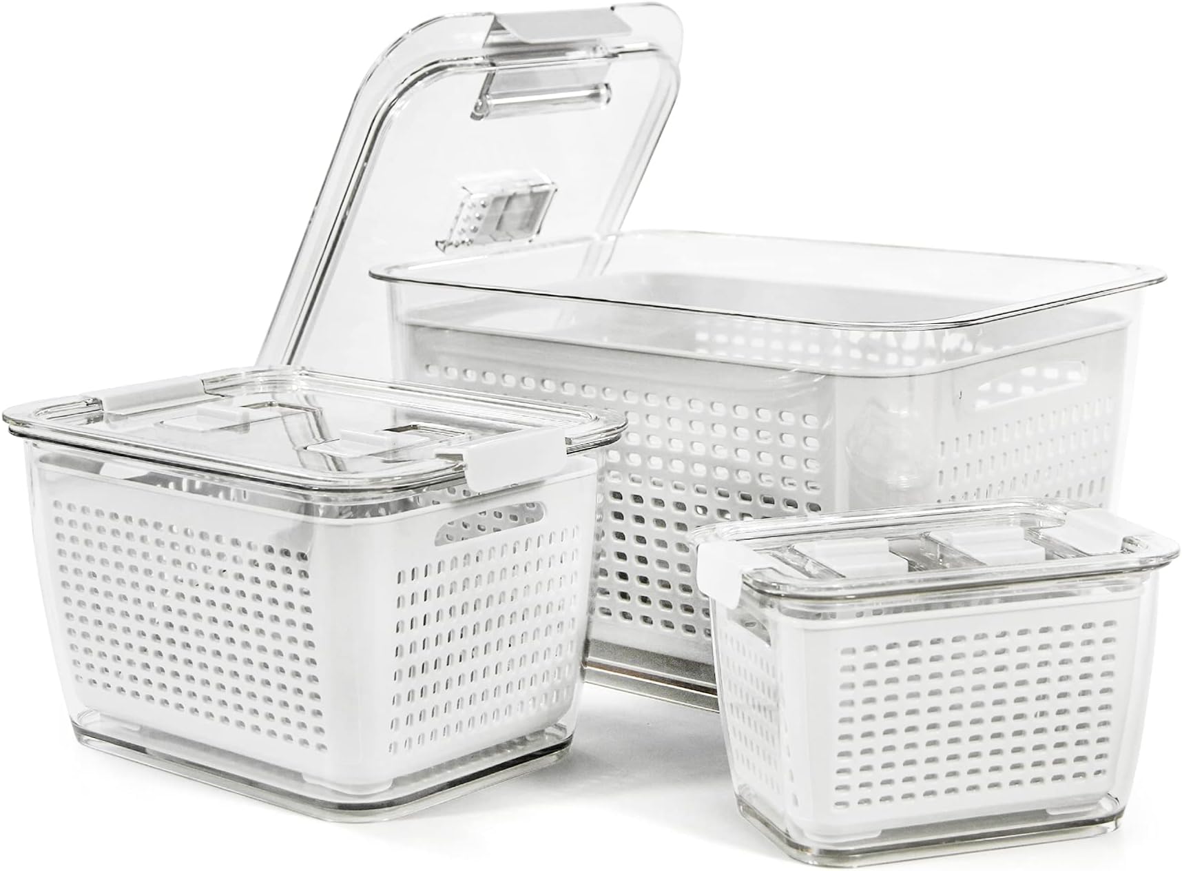 Spesh Set of 3 Fresh Food Storage Containers(4.5 L + 1.7 L + 0.5 L) Vegetable Crisper Boxes Plastic Fridge Storage Organisers with Lid and Vent (White)