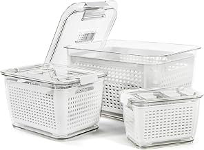 Spesh Set of 3 Fridge Storage Boxes (0.5 L + 1.7 L + 4.5 L) - Reusable Plastic Fridge Box with Lid and Strainer (White)