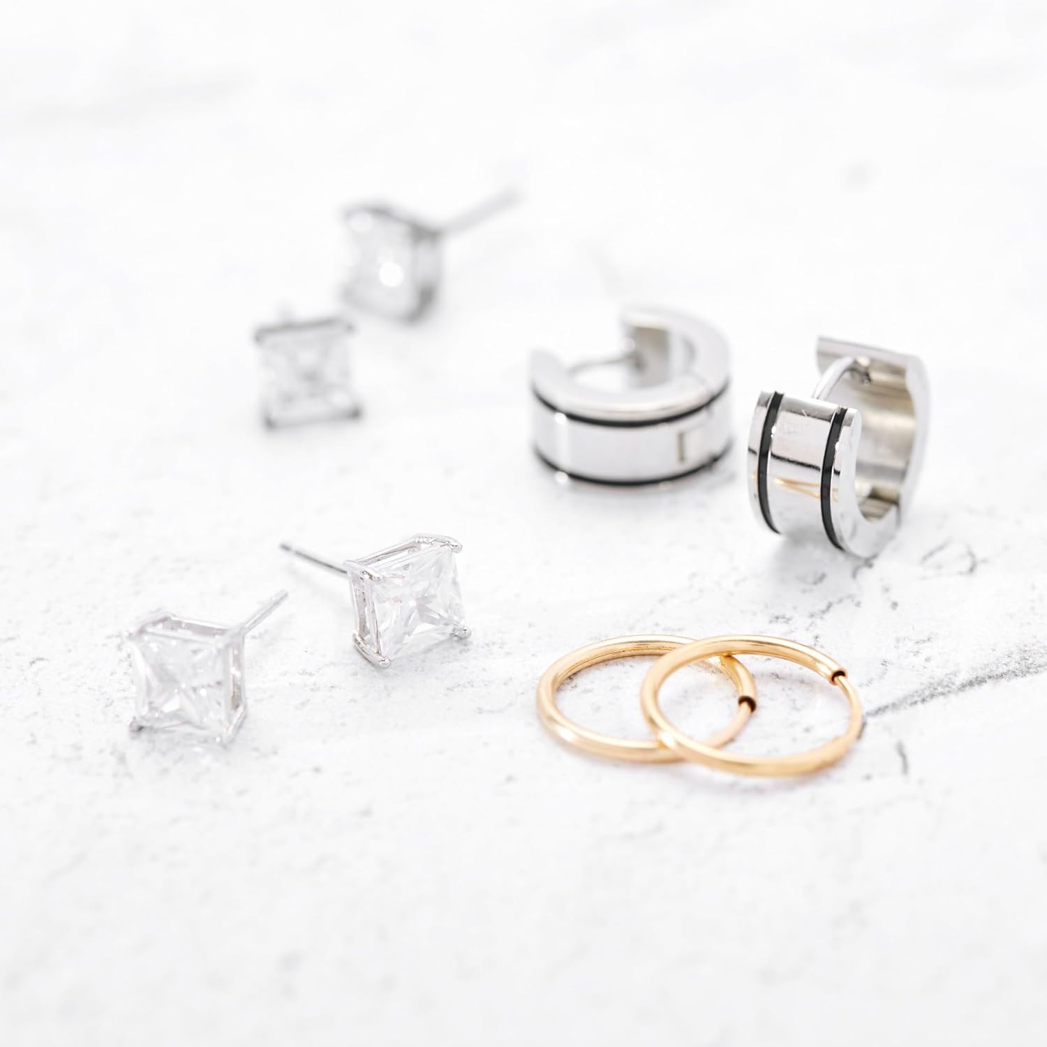 Men's Sterling Silver 6mm Square Clear CZ Stud Earrings - Gifts for Dad - Image 3