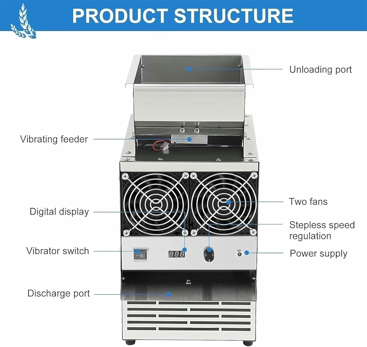 Bird Feed Blown Shell Splitter, Electric Grain Winnower Winnowing Machine, Adjustable Speed Fan/Exhaust Port, for Millet, Miscellaneous Grains, Melon Seeds