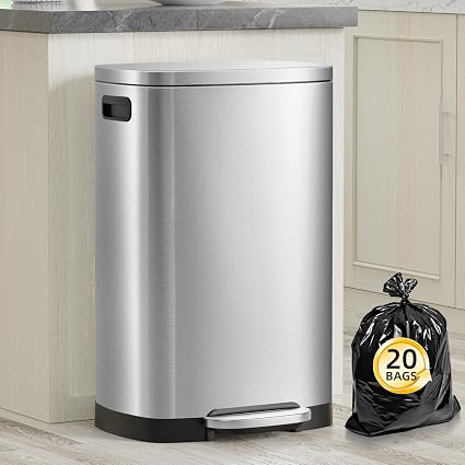 13 Gallon Trash Can with Lid, 50L Fingerprint Proof Stainless Steel Kitchen Trash Can with Removable Inner Bucket and Lid Soft Close, Pedal Rubbish Bin for Home Office