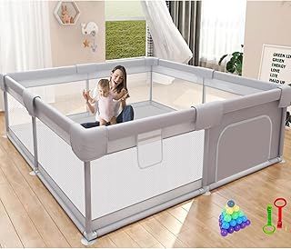 Large Baby Playpen 150x180 cm Playpen for Baby up to 5 Years with 2 Anti-Fall Rings, Safety Lock, Breathable Mesh, Kids Ac...