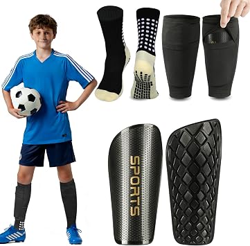 Soccer Shin Guards for Kids, Boys, Girls, Youth 3-16 Years Old & Adults, Women - Includes Optimized Pocketed Shin Guard Sleeves & Grip Socks Soccer