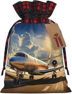 NONHAI Christmas Drawstring Gift Bags Private Plane Xmas Wrapping Sacks Buffalo Plaid Goodie Bag Burlap Treat Bag Gift Wrapping Storage Sack for Xmas Presents Party Favor Pouch Medium