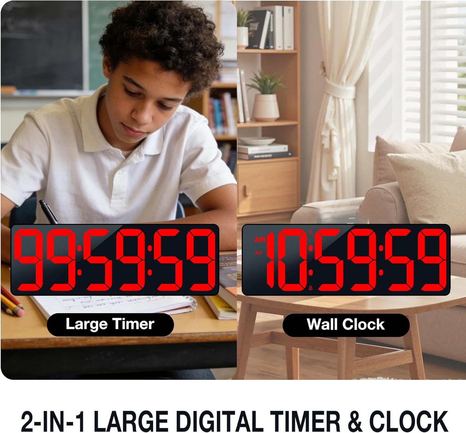 5.6'' Number RED Digital Display with Ambient Lighting,17.2" Large Digital Wall Clock with Auto-Brightness, Remote Control Alarm Clock for Home
