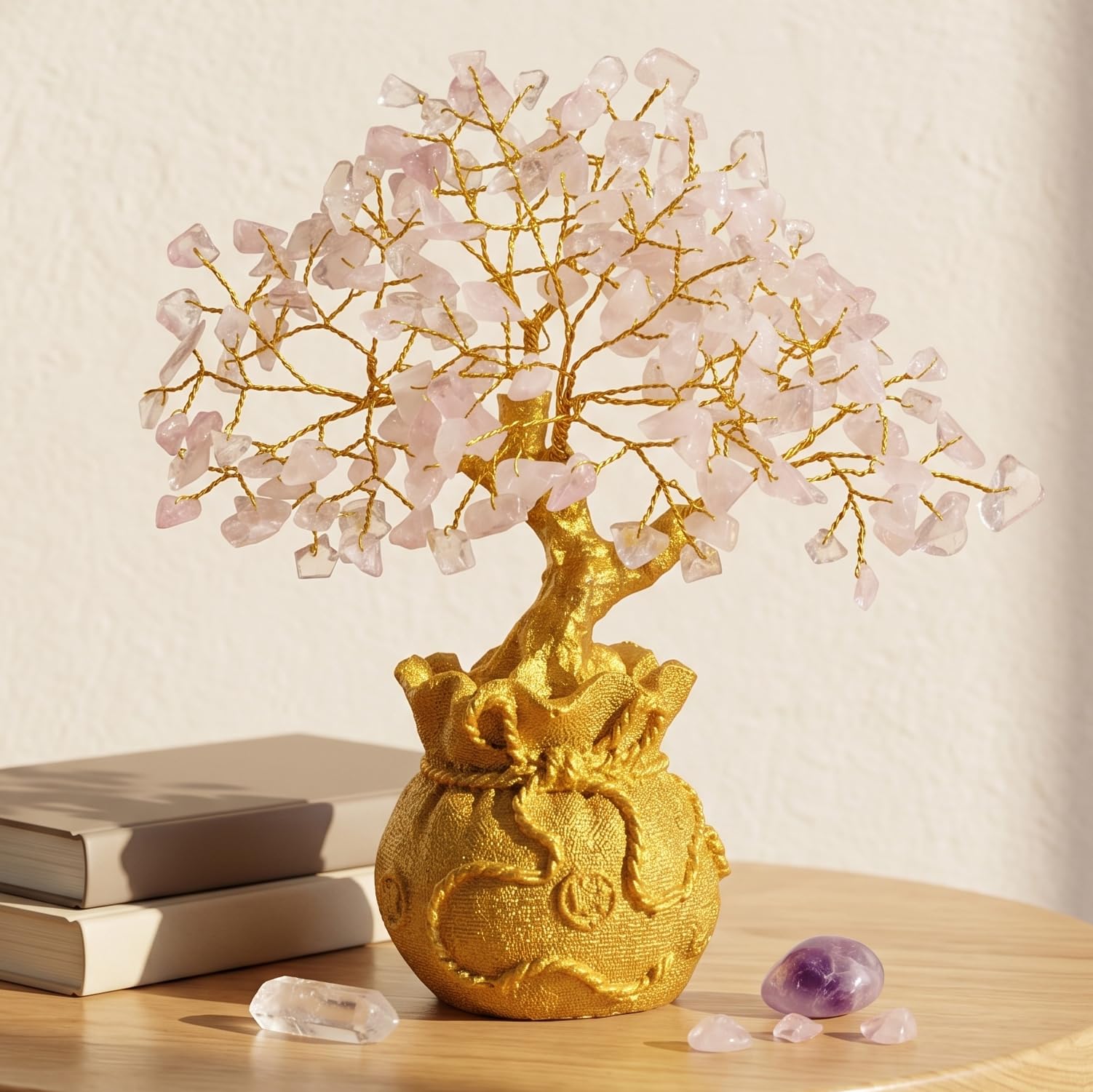 Fourteen Crystals Rose Quartz Crystal Bonsai Tree with Golden Pot| Handmade Feng Shui Tree for Love, Harmony & Healing | Home Decorative Item - Showpiece Good Luck Gift