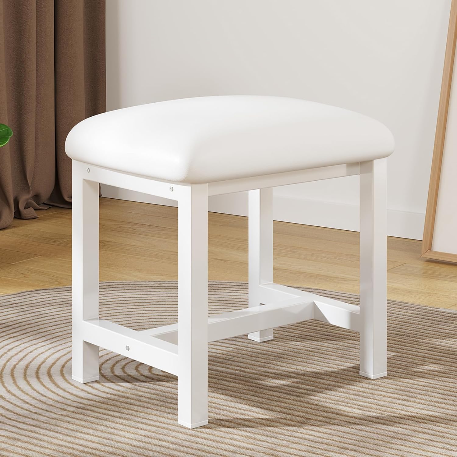 White Vanity Stool, Small Vanity Chair, Cute Makeup Bench Seat with Leather Cushioned, Desk Stools for Bedroom, Bathroom, Entryway, Living Room, Office