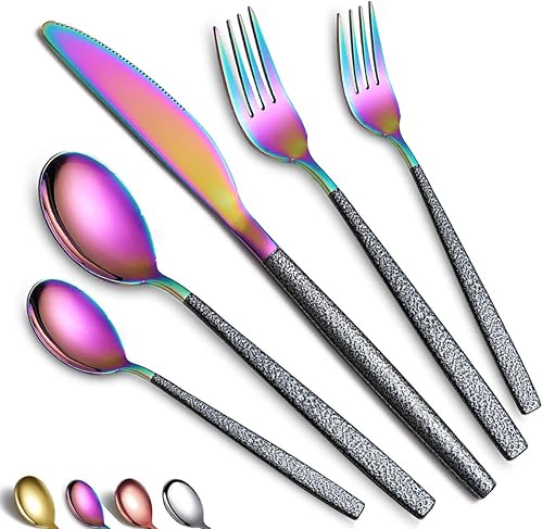 Miniatura 1 de Juego de cubiertos de 20 piezas con revestimiento de cabeza de arco iris con mango negro de Marte negro, acero inoxidable titanio colorido chapado