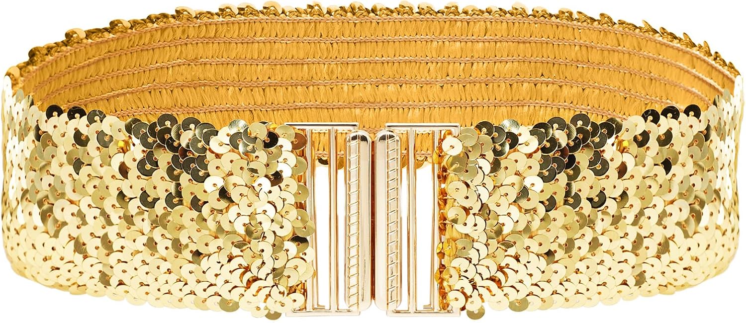 Glamorstar Sequin Wide Stretchy Belts for Women Elastic Waist Belt for Dresses